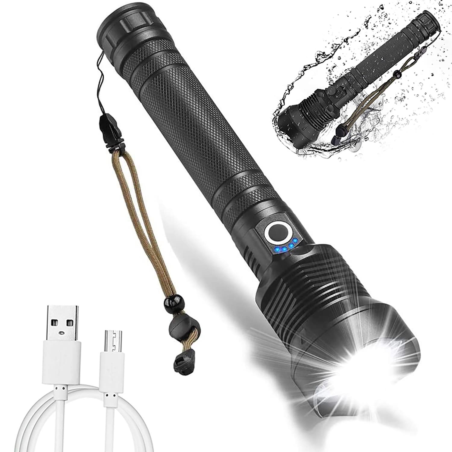90000 Lumens Rechargeable LED Tactical Flashlight - Super Bright 3 Modes Zoomable Flashlight with USB Charging - Waterproof Flashlight for Camping, Hiking, Emergency & Outdoor Adventures