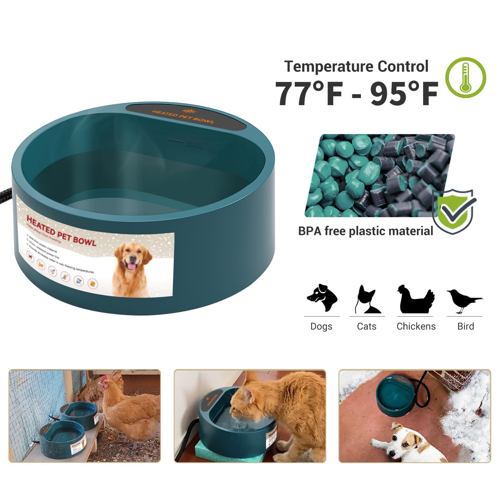 PETLESO Heated Water Bowl for Dogs and Cats - 0.58 Gallon Outdoor Pet Water Heater Bowl for Winter - Keeps Water Unfrozen for Dogs, Cats, Birds, and Chickens - Perfect for Cold Weather, Backyard, Kennel, and Farm Use
