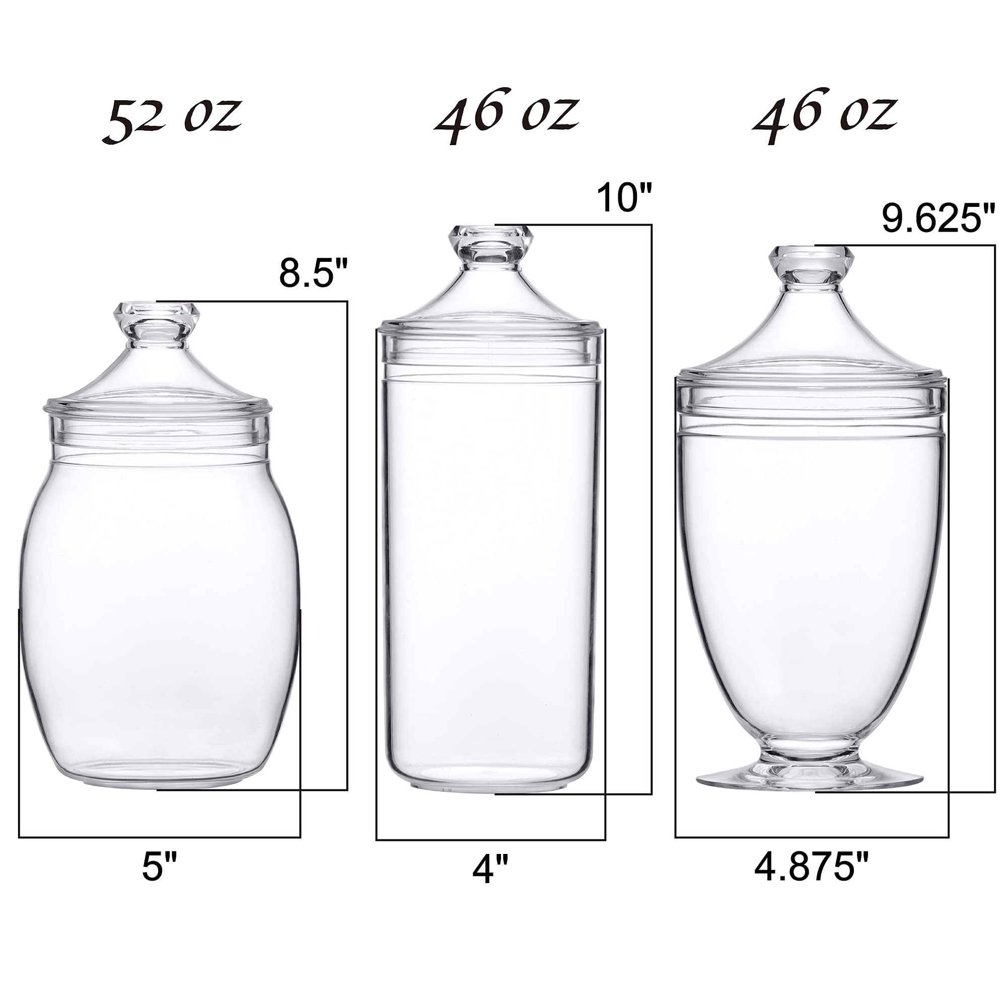 Amazing Abby - Adore - 3-Piece Plastic Apothecary Jars Set (52/46/46 oz) with Lids, BPA-Free Shatter-Proof Acrylic Canisters for Bathroom Storage, Candy Buffet, Wedding Decor, Kitchen Pantry & Home Organization