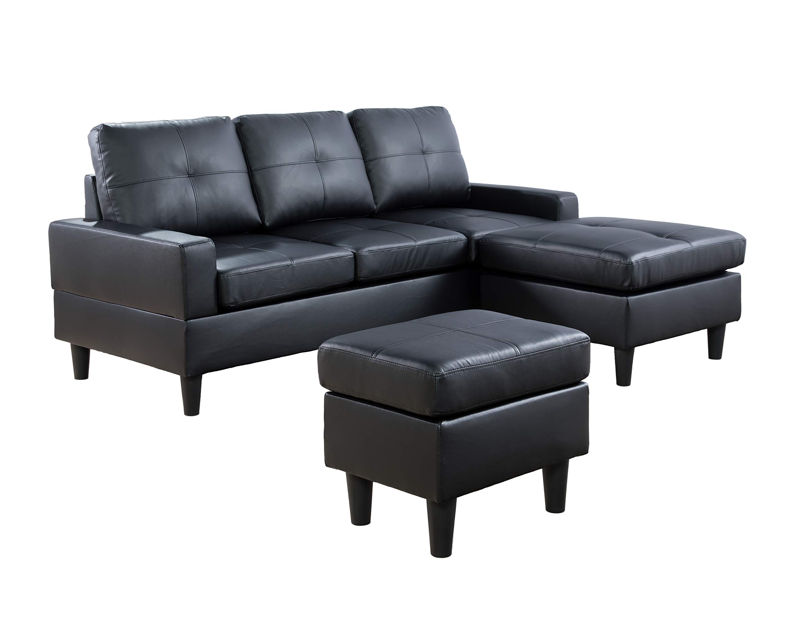 Modern Black Reversible Faux Leather Sectional Sofa with Storage Ottoman - Contemporary Living Room Furniture for Small Spaces, Apartments & Home Theater Seating