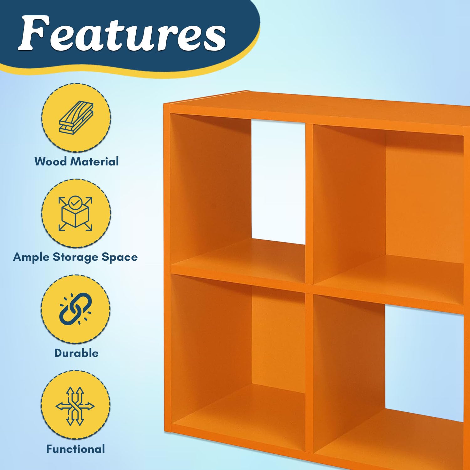 Kings Brand Furniture - 4-Cube Kids Bookcase with Toy Storage, Children's Bookshelf Organizer for Playroom, Bedroom & Nursery - Perfect for Toy Storage, Book Display & Room Organization (Orange)