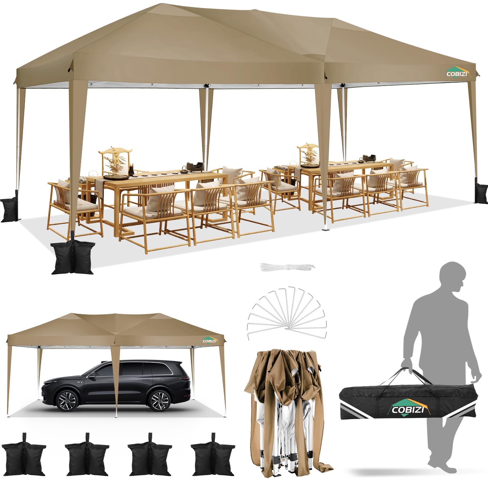 COBIZI 10x20ft Pop Up Canopy Tent - Waterproof Instant Shelter for Outdoor Events, Weddings & Commercial Use | Portable Gazebo for Camping, Backyard Parties & Car Protection (Khaki)