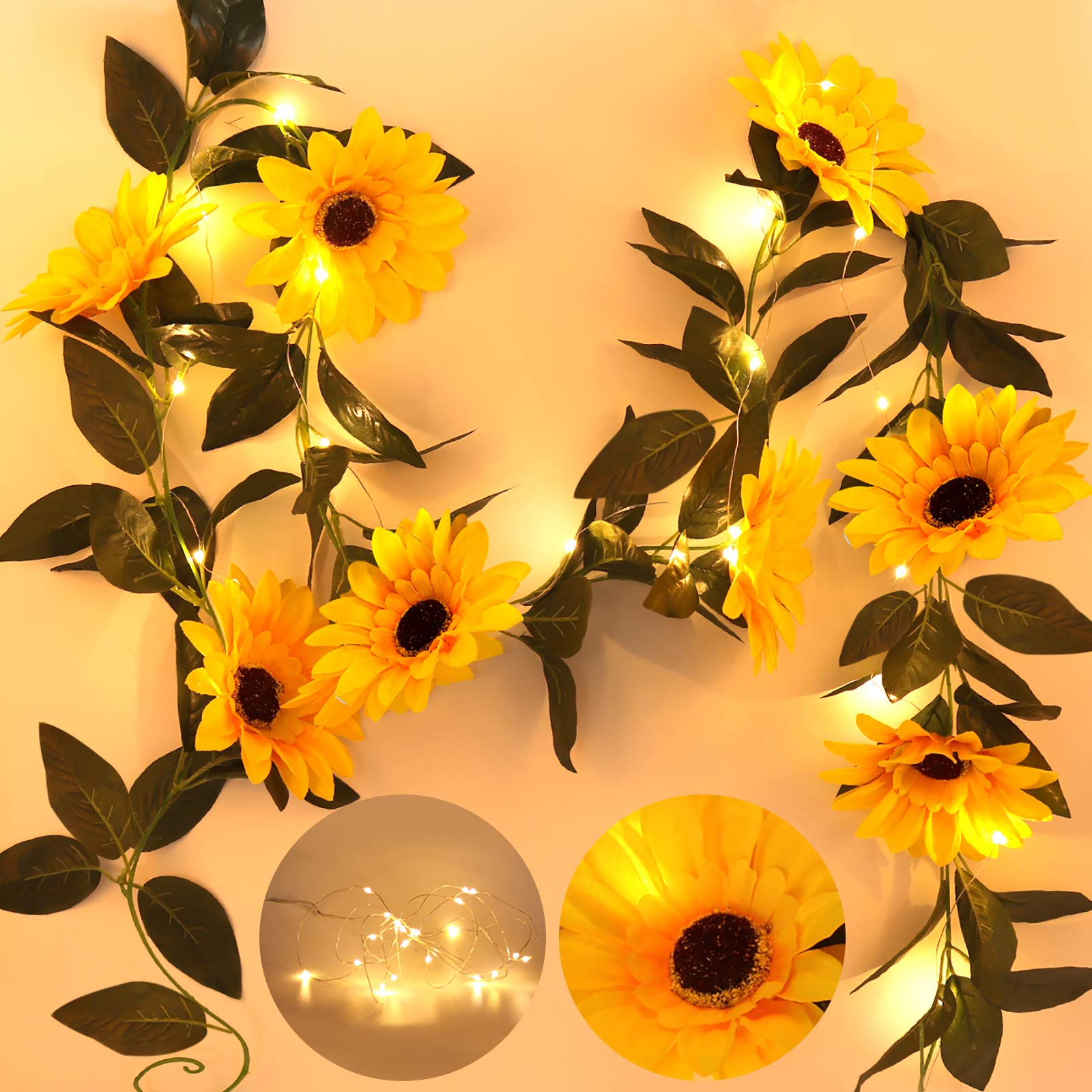 20 LED Artificial Sunflower String Lights - 7.2ft Battery Powered Silk Sunflower Garland with 8 Flower Heads for Indoor Decor, Home Garden, Party, Bedroom & Wedding | Romantic Ambiance, Wall Decor, Backdrop Lighting