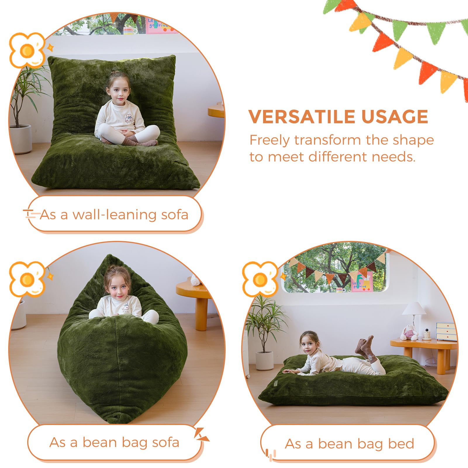 MAXYOYO 3-in-1 Kids Bean Bag Chair Bed - Soft Faux Fur Floor Sofa for Children, Gaming, Reading & Relaxing | Green Convertible Lounger for Bedroom, Playroom & Dorm