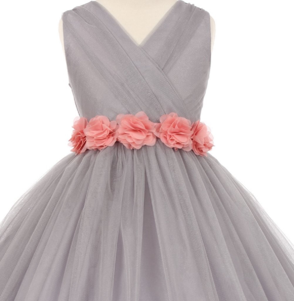 Little Girls Silver V-Neck Floral Sash Dress with Removable Flowers - Perfect for Birthday Parties, Pageants & Special Occasions