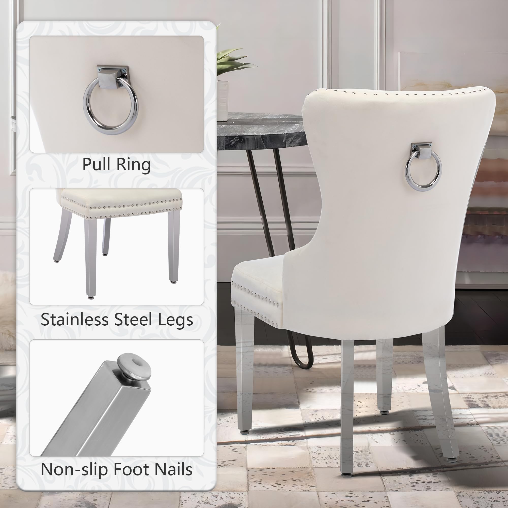 Luxury Velvet Dining Chairs Set of 2 - Tufted Upholstered Dining Room Chairs with Stainless Steel Legs & Ring Pull Design, Beige - Perfect for Modern Dining Rooms, Kitchen Breakfast Nooks & Elegant Home Decor