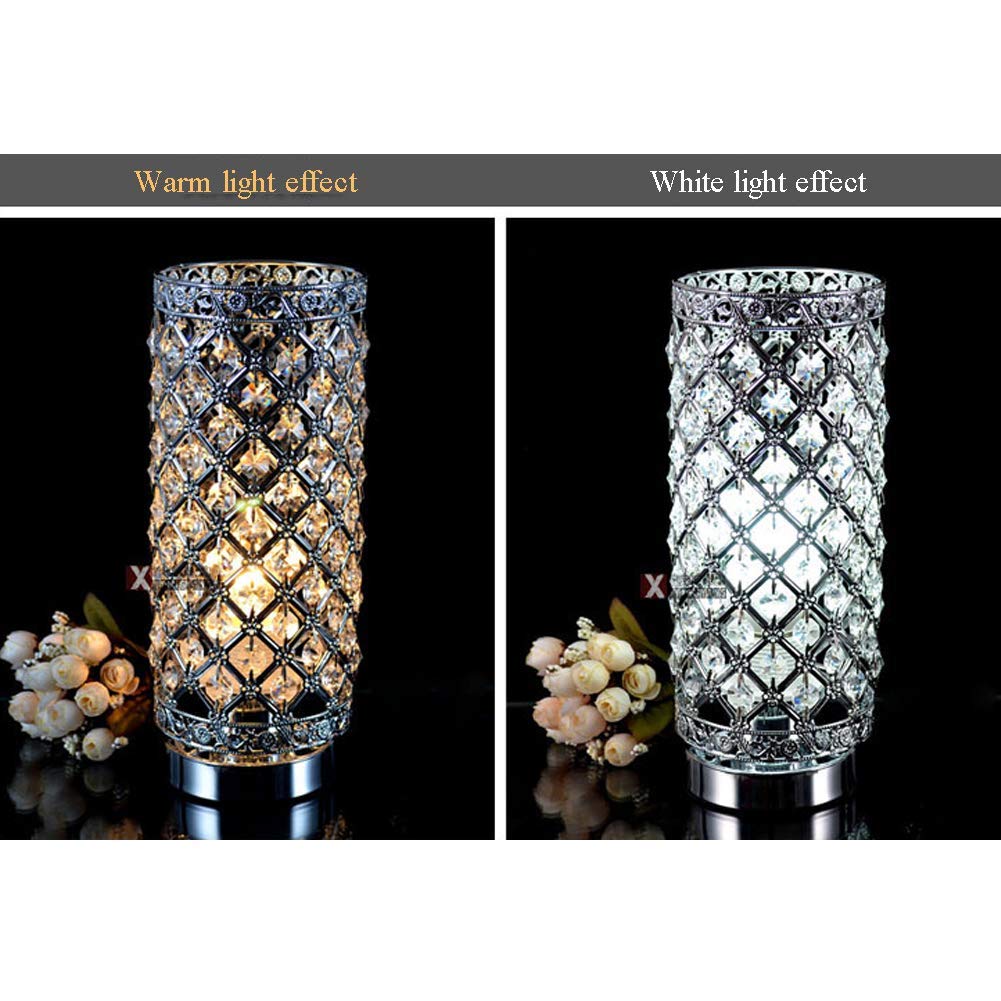 Modern Crystal Cylindrical Table Lamp - E27 Bedside Desk Light with Power Switch, Silver Finish | Perfect for Bedroom, Living Room & Office Decor Lighting