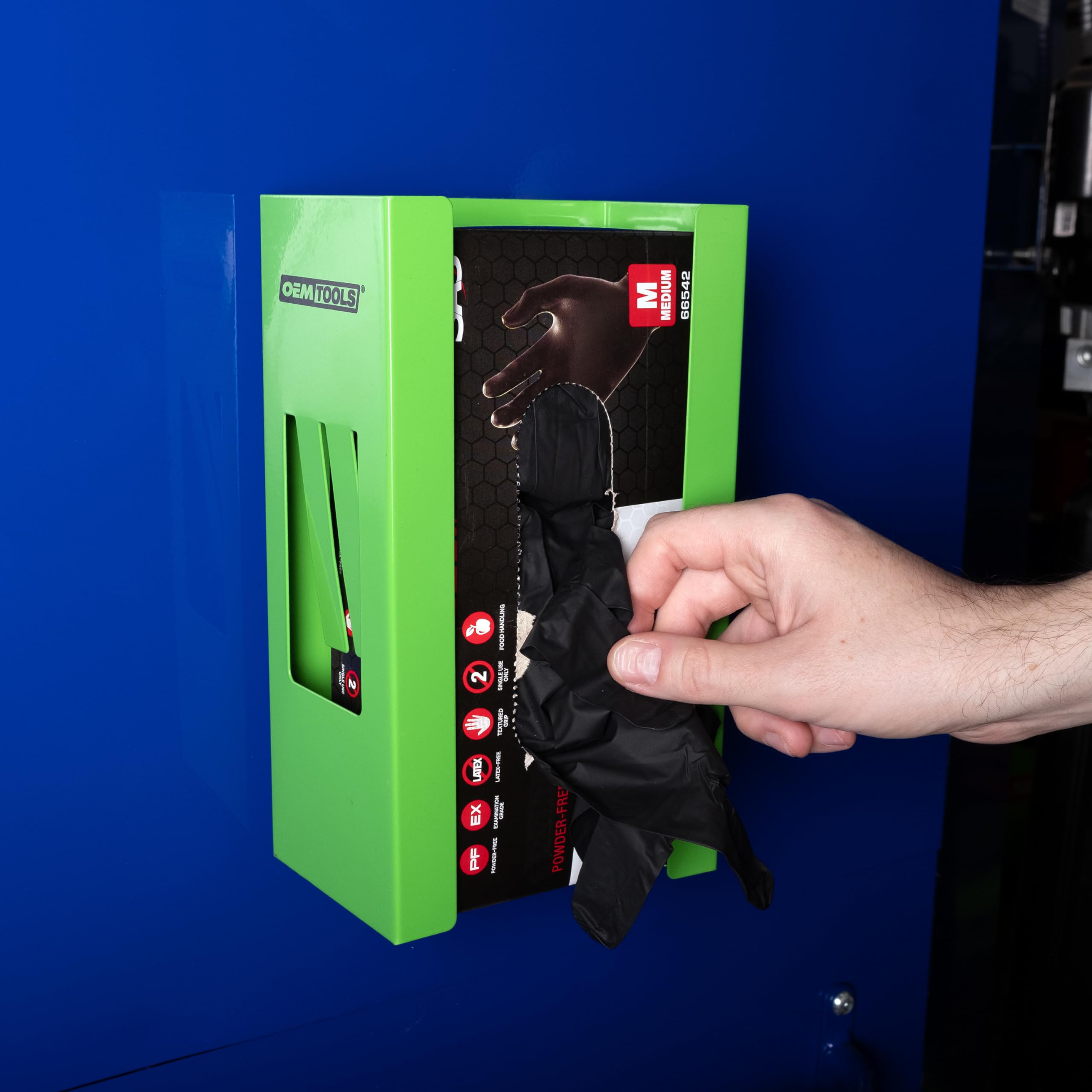 OEMTOOLS 24945 Magnetic Glove Dispenser - Wall Mount Disposable Gloves Box Holder for Kitchen, Workshop & Medical Use - Green Glove Organizer for Easy Access & Sanitation