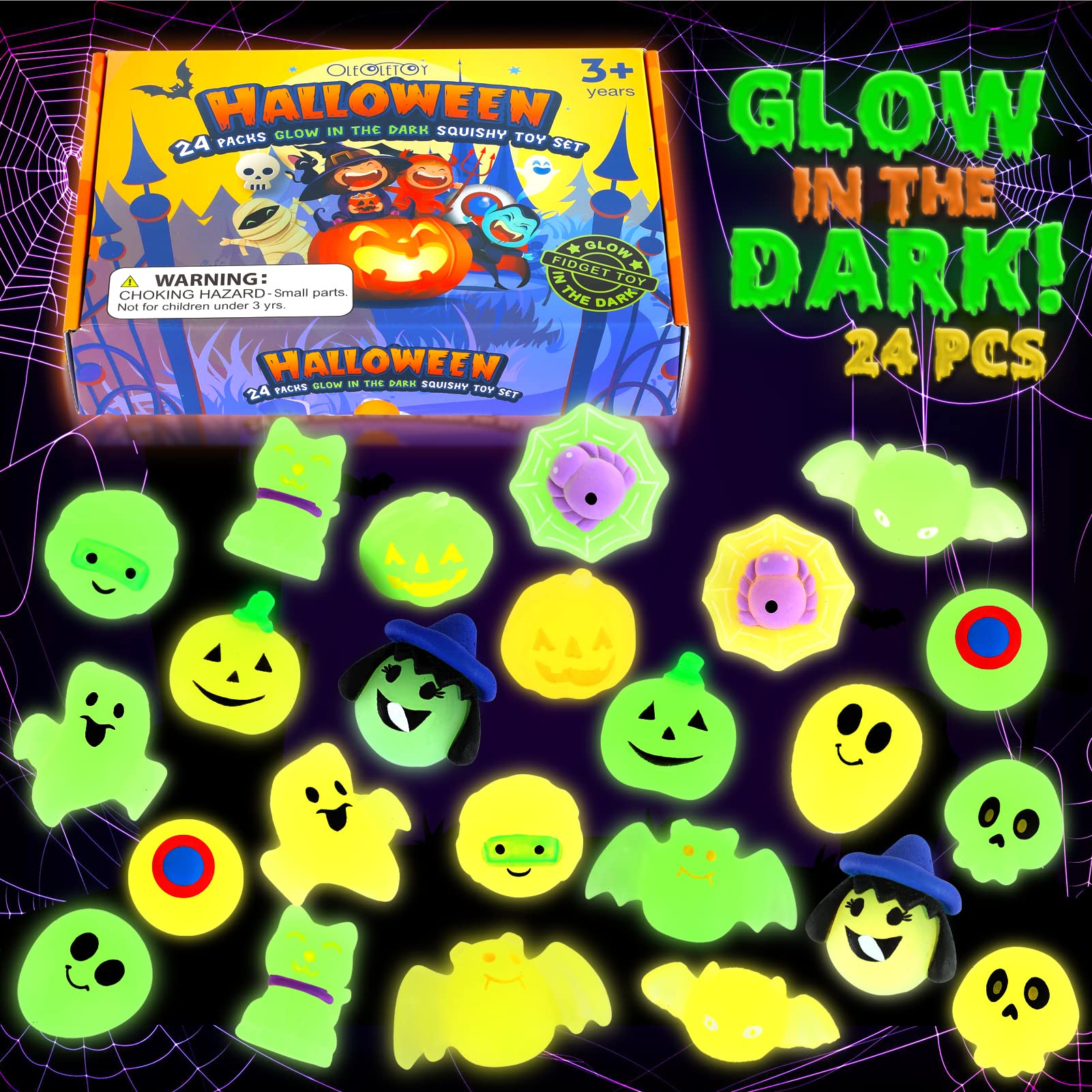 Glow in The Dark Halloween Mochi Squishies 24pcs - Kawaii Party Favors for Kids' Goodie Bags