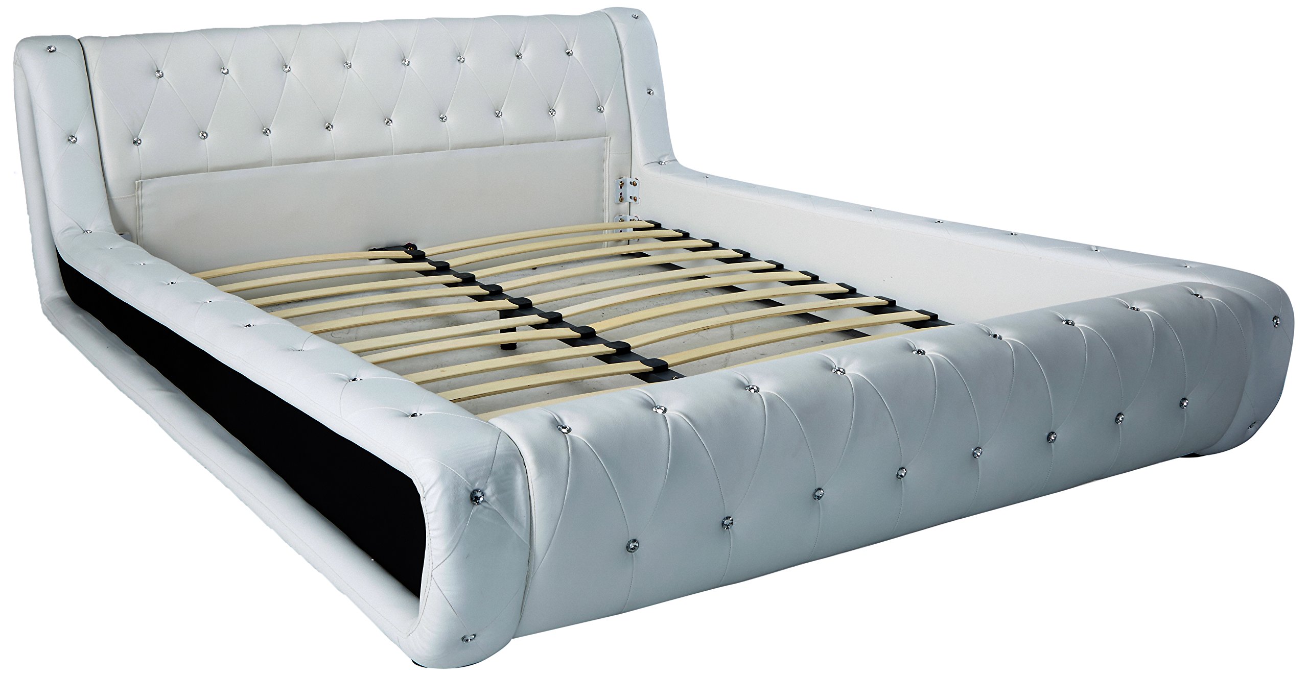Dorian White Faux Leather Modern Platform Bed Queen Size - Upholstered Bed Frame with Sturdy Wooden Slats for Bedroom, Guest Room & Apartment