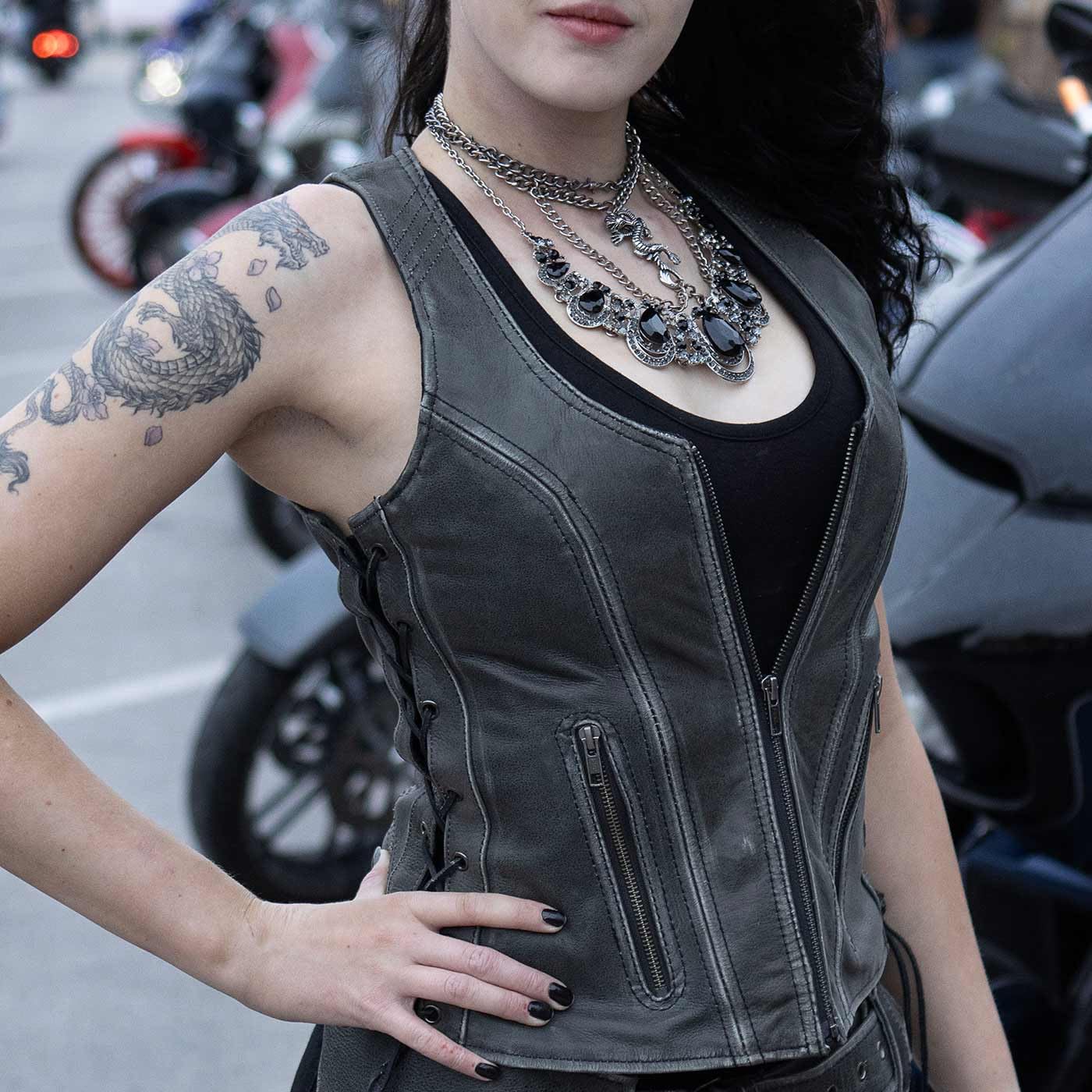 Milwaukee Leather Women's V-Neck Distressed Grey Premium Motorcycle Vest with Side Laces - MLL4531-4XL | Stylish Biker Jacket for Riding, Casual Outfits & Outdoor Adventures
