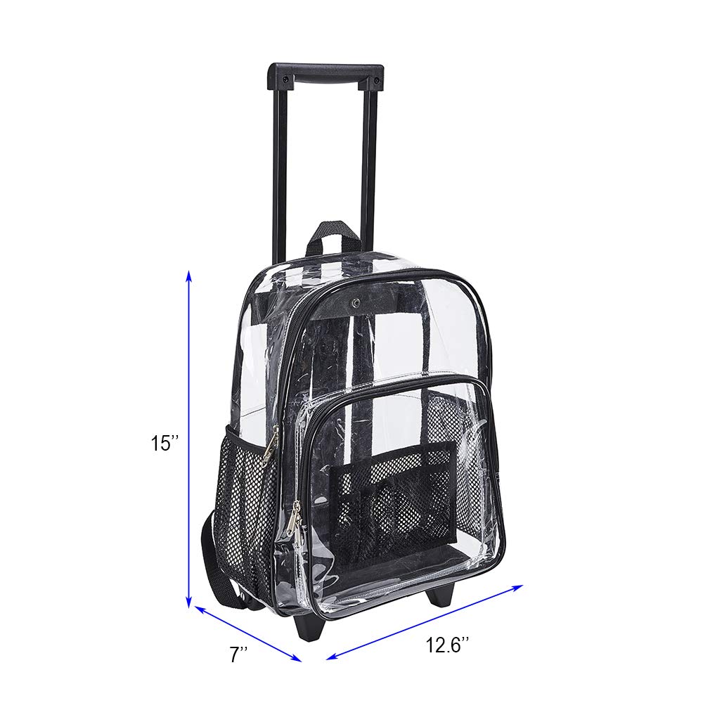 Rolling Clear Backpack - Heavy Duty Cold-Resistant Transparent PVC Wheeled Backpack for School, Travel & Security Check (Black) | Perfect for Airports, Concerts & Work Commute