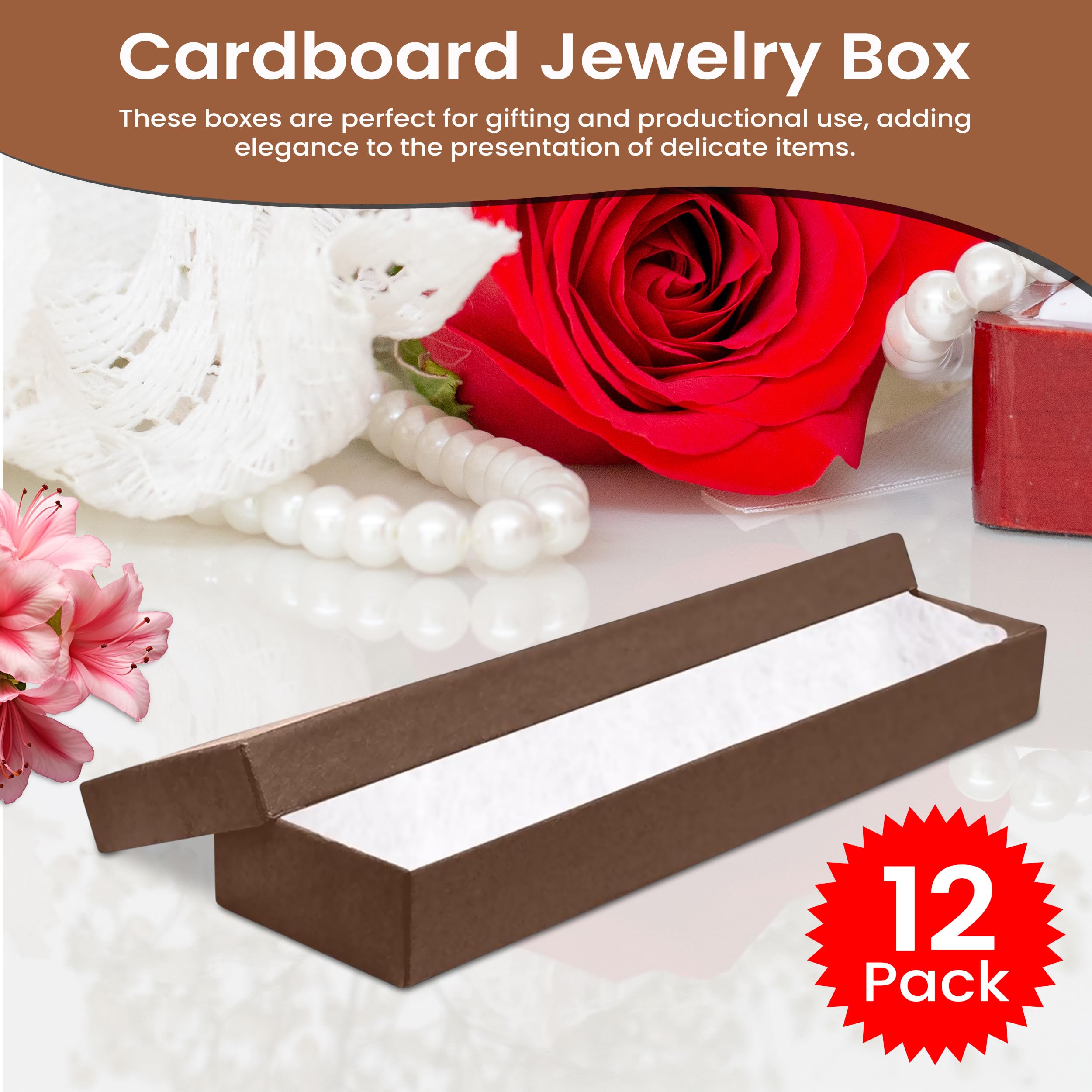 Premium 12-Pack Chocolate Jewelry Gift Box Set (8x2x0.87 inches) - Cotton Filled Cardboard Jewelry Storage Boxes with Lids - Made in USA - Perfect for Bracelets, Necklaces, Rings & Earrings - Ideal for Valentine's Day Gifts, Birthday Presents & Jewelry Packaging