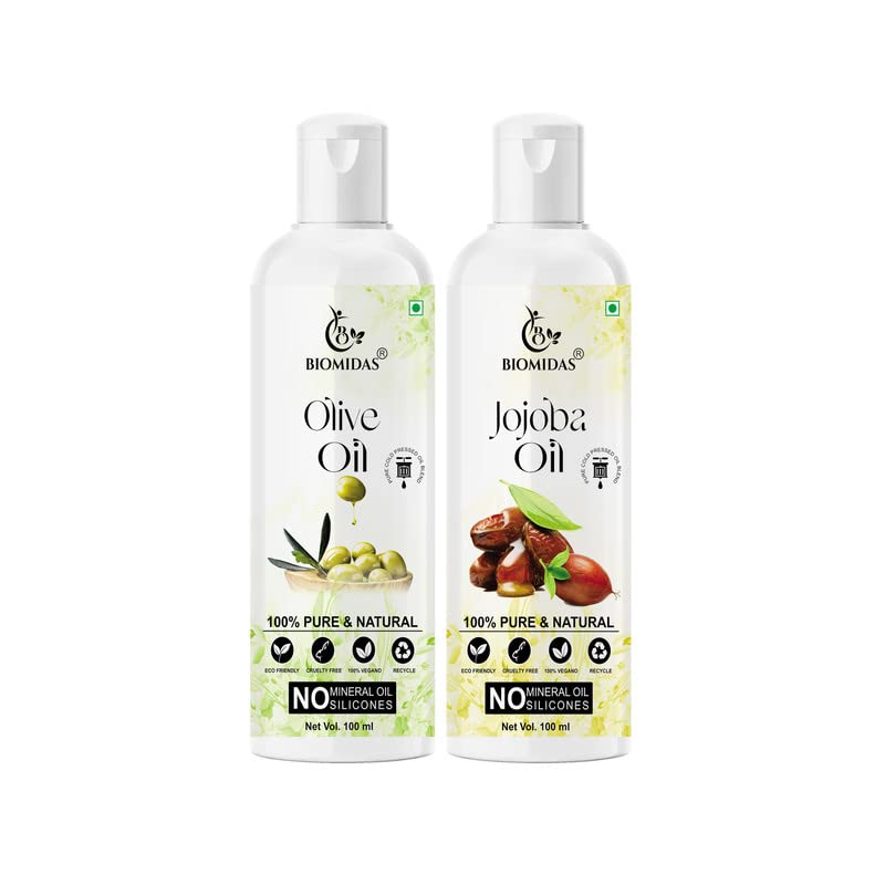 Biomidas 100% Pure Olive Oil & Jojoba Oil Combo (100ML Each) - Natural Hair Growth Treatment for Thicker Hair, Reduces Hair Fall & Split Ends, Adds Shine & Softness - Perfect for Daily Hair Care & Scalp Massage (Pack of 2)