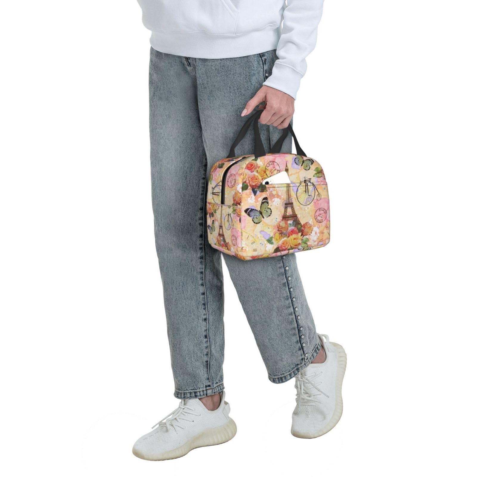 Paris Eiffel Tower Butterfly Floral Print Insulated Lunch Bag - Reusable Tote for Women & Men, School, Office, Work, Picnic & Travel