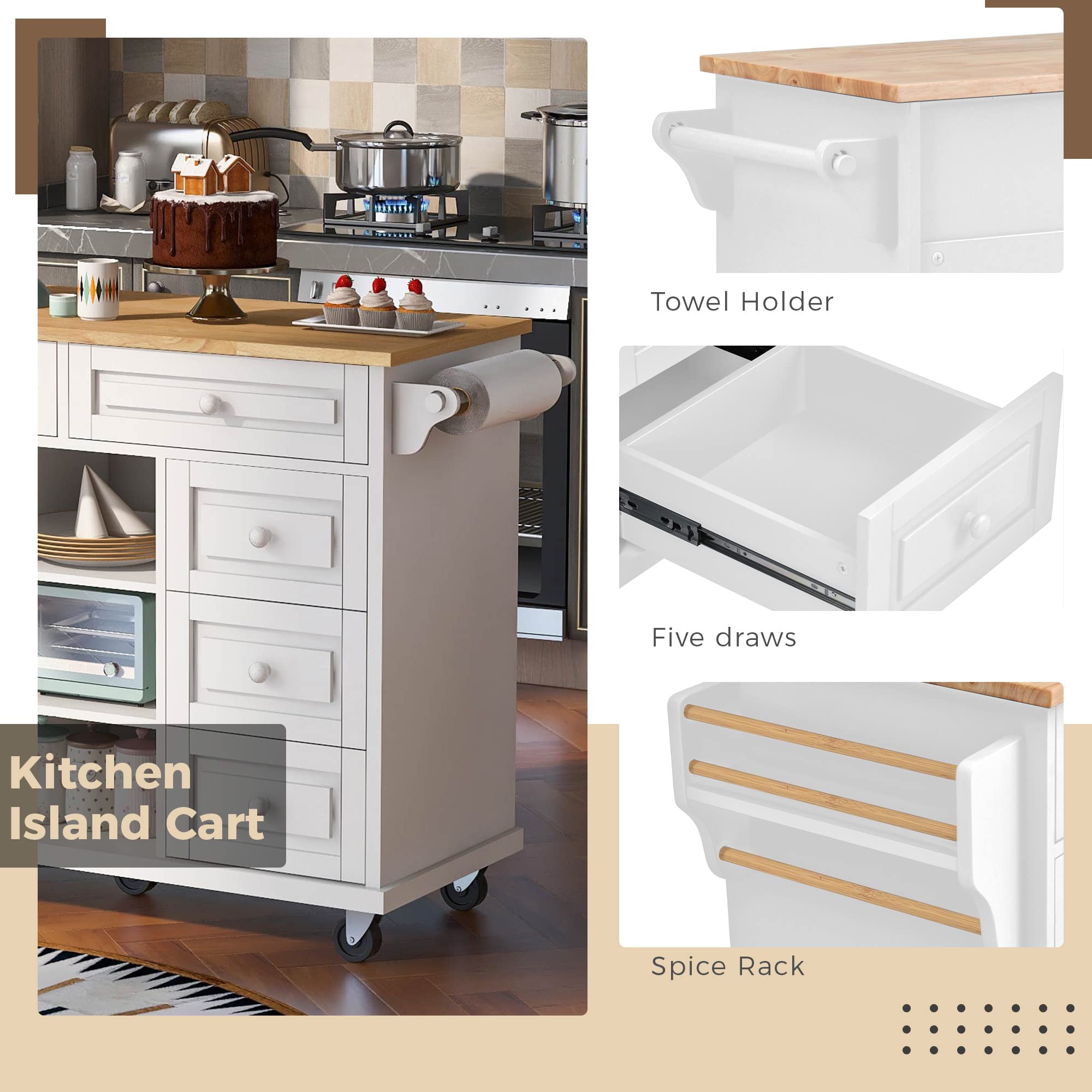 White Kitchen Island Cart with Wheels - 5 Drawers & Shelves for Kitchen & Living Room Storage