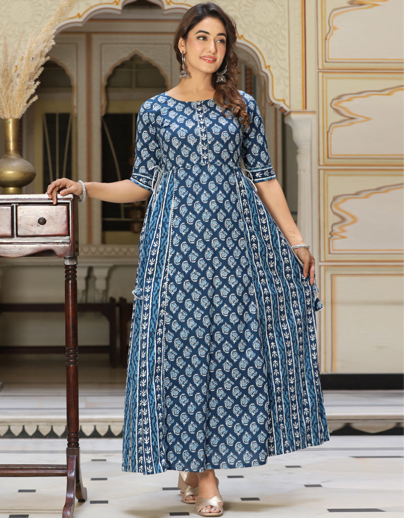 Elegant Blue Cotton Designer Gown with Embroidery & Mirror Work Details - Ready to Wear Formal Dress for Parties, Weddings & Special Occasions