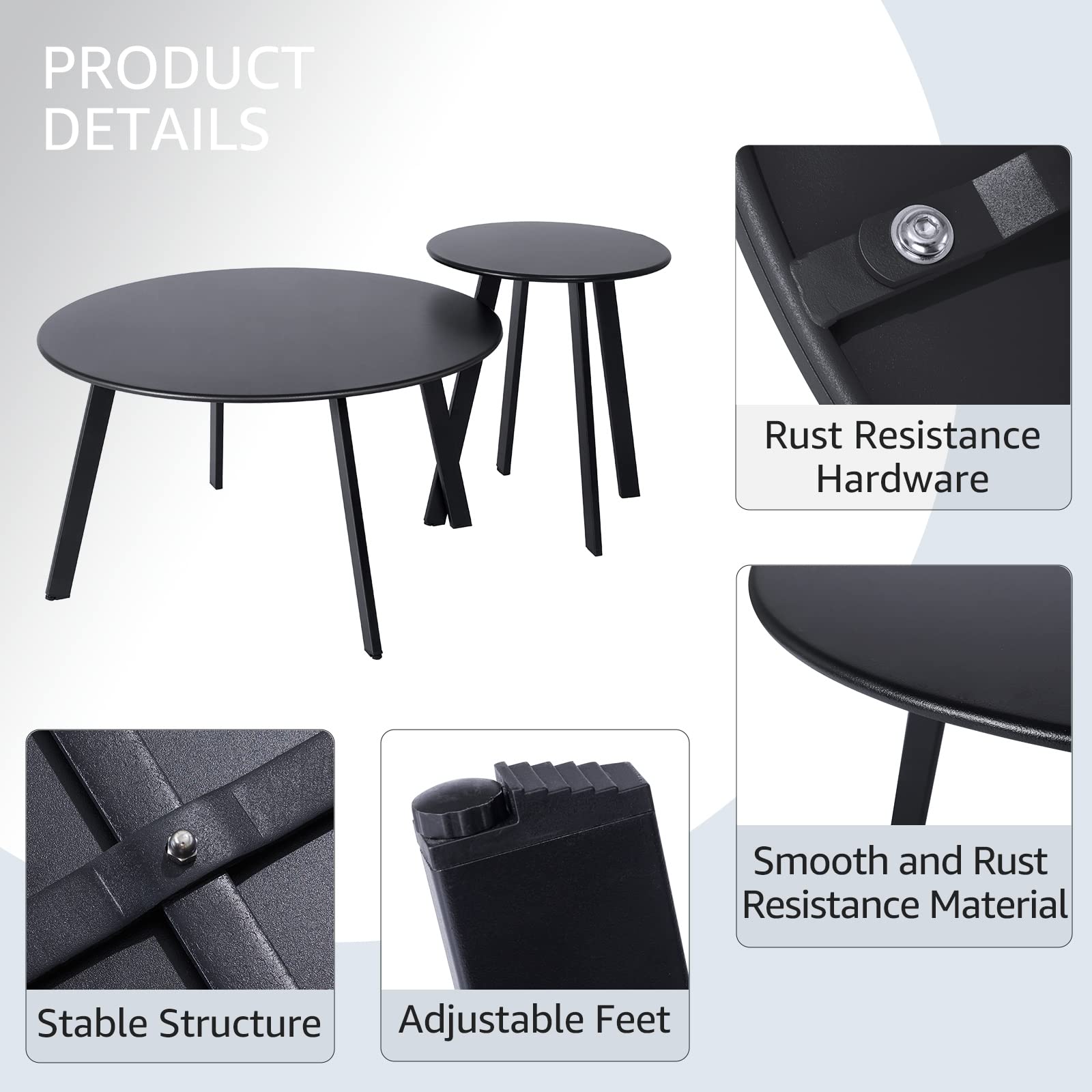 Weather-Resistant Outdoor Coffee Table Set of 2 - Modern Round Patio End Tables for Balcony, Living Room & Home Office - Durable Black Furniture for Garden, Poolside & Backyard Relaxation