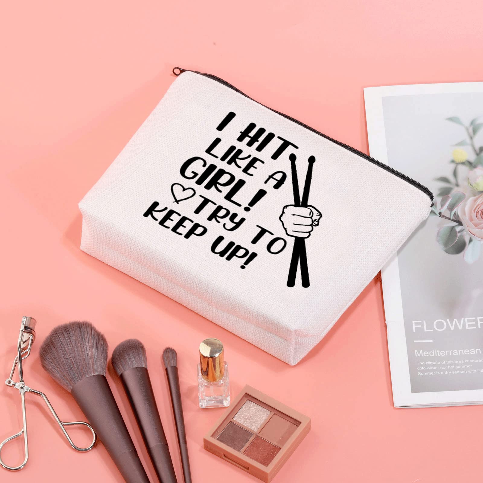 Drummer Cosmetic Bag - 'I Hit Like A Girl Try To Keep Up' Makeup Pouch, Drum Travel Toiletry Bag for Musicians | Perfect Gift for Drummers, Band Members & Music Lovers (Great for Concerts, Tours & Music Festivals)