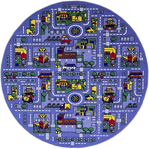 Non-Slip Kids Round Rug with City Map Design - 8'8