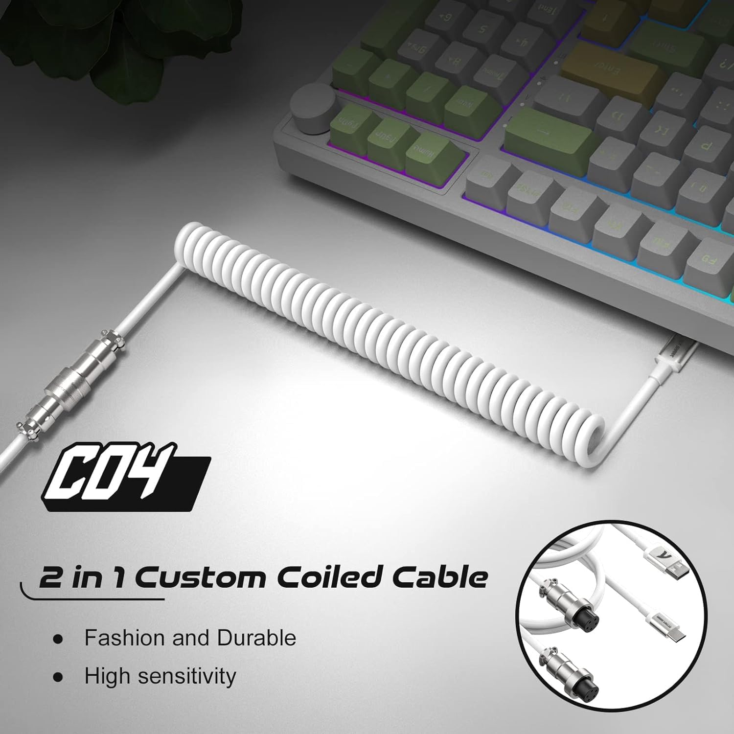 Premium Coiled USB C Cable for Gaming & Mechanical Keyboards - Double-Sleeved Aviator Detachable 2-in-1 USB C to A/C Cable - Compatible with Custom Keyboards, Printers, Phones, iPads & Xbox (White) - Perfect for Esports, Office Work & Home Entertainment Setup