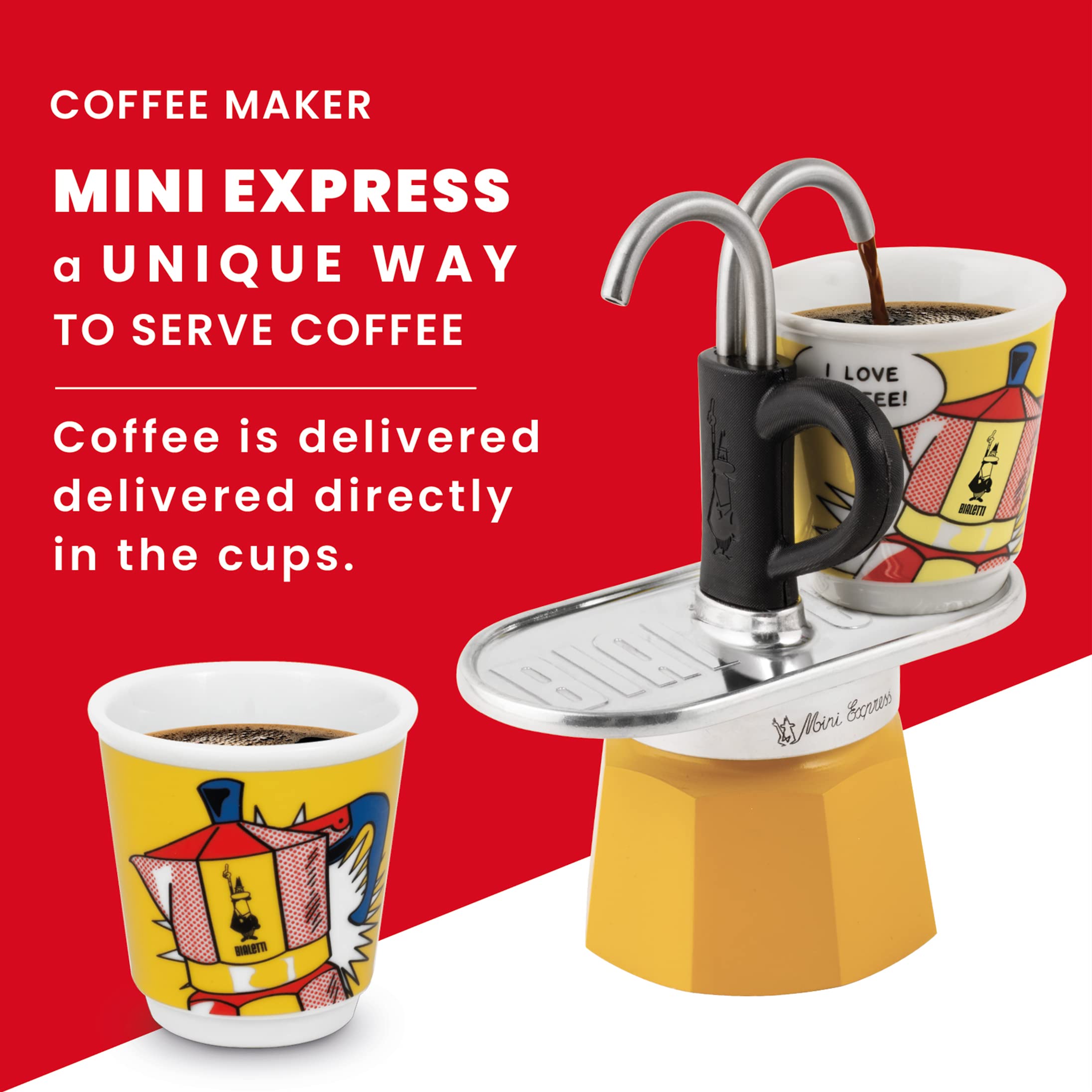 Bialetti Mini Express Moka Pot 2-Cup (2.8 Oz) Aluminum Stovetop Espresso Maker with 2 Shot Glasses - Yellow - Perfect for Home, Office & Camping Coffee Brewing