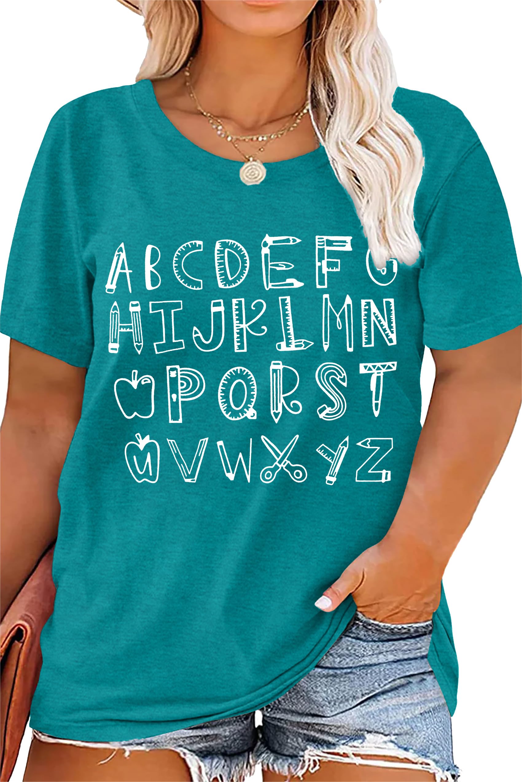 Plus Size Women's ABC Alphabet Graphic Teacher T-Shirt - Cute Teaching Tee for Educators, Back to School Gift - Perfect for Classroom, Teacher Appreciation Week & Casual Wear