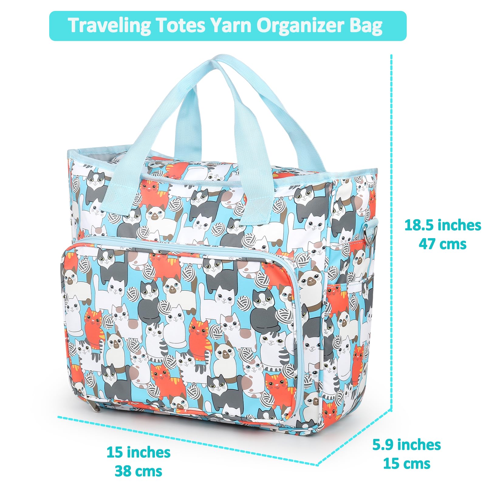 Crochet Bag for Yarn Storage - Large Knitting Tote with Pockets for Needles & Hooks | Travel & Craft Projects - Blue Cat Design