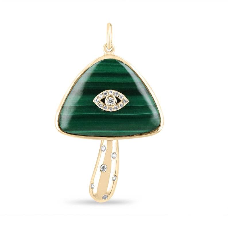 15.45tcw 14K Gold Natural Malachite & Diamond Evil Eye Pendant Necklace for Women - Protection Jewelry Gift for Birthday, Anniversary & Spiritual Healing