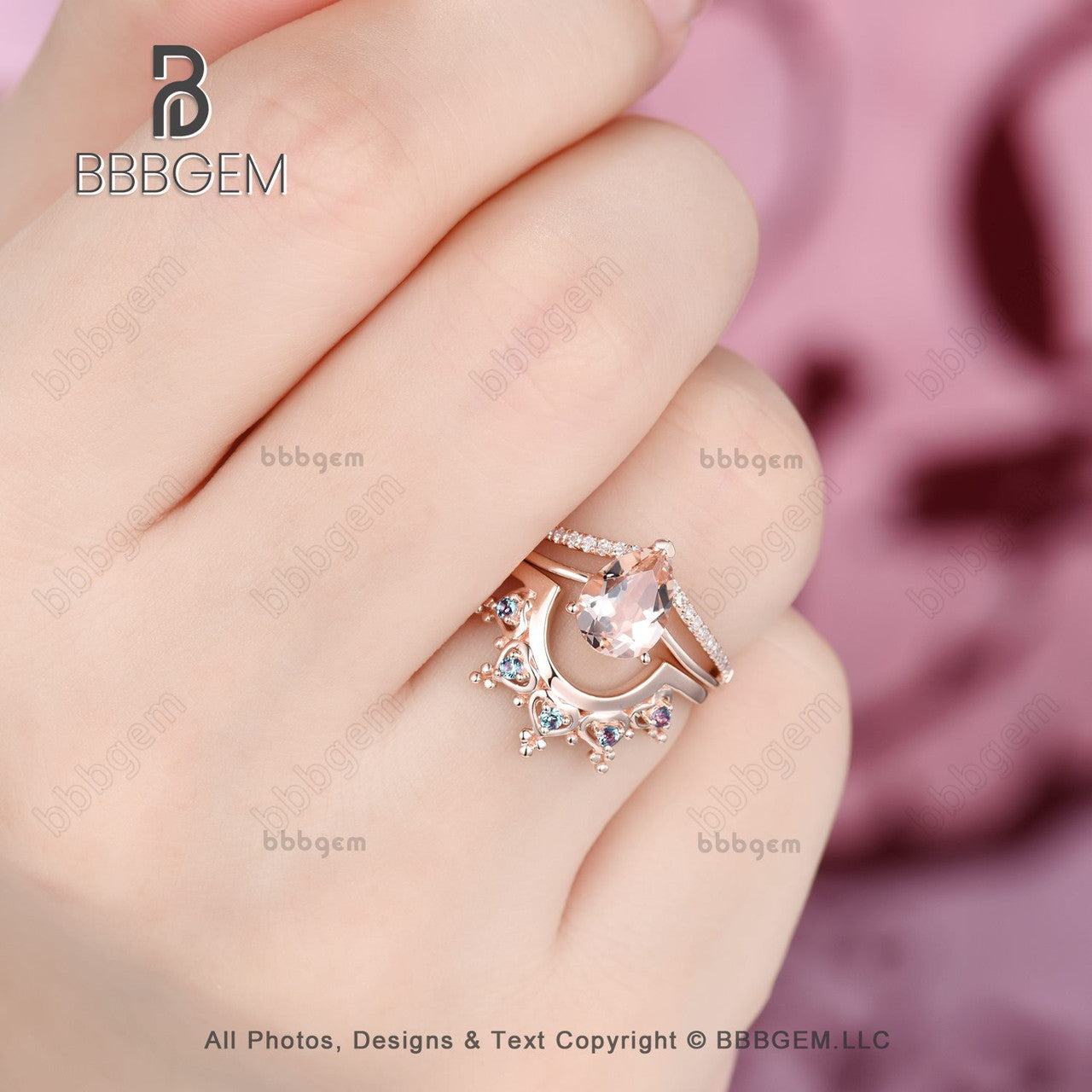 Classic Morganite & Alexandrite Engagement Ring Set in Rose Gold - Perfect for Proposals, Weddings & Anniversaries