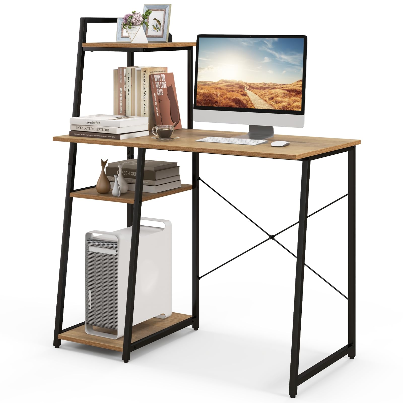 COSTWAY 47.2'' Computer Desk with 4-Tier Storage Shelves | Home Office Writing Desk with X-Shape Frame & Adjustable Feet | Modern Study Desk with Wide Tabletop (Natural/Black) for Small Spaces, Dorm Rooms & Home Offices