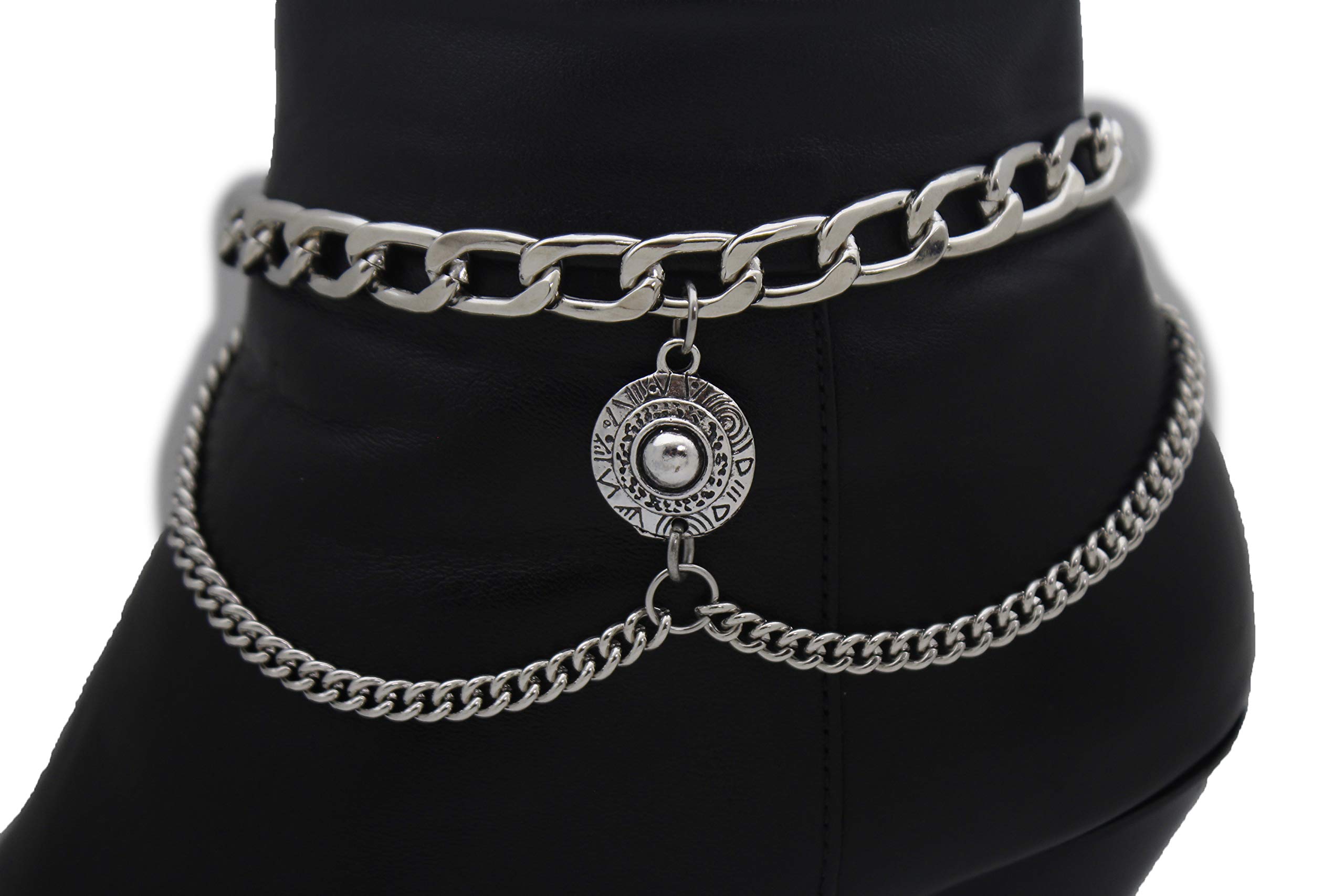TFJ Women's Western Boot Chain Metal Bling Bracelet - Silver Medallion Coin Anklet for Cowgirl Fashion | Perfect for Country Music Festivals, Rodeo Events & Boho Style Outfits