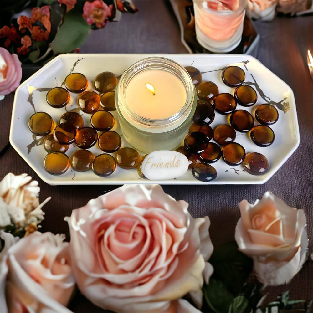 HappyFiller Dark Amber Glass Gems - 5 LB Flat Marbles with Inspirational Stones for Vase Fillers, Fire Pit, Fireplace & Crafts - Perfect for Home Decor, Wedding Centerpieces & DIY Projects