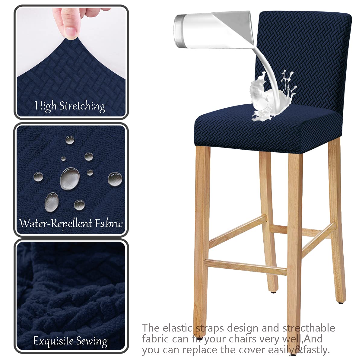 Waterproof Stretch Jacquard Bar Chair Covers - Washable & Removable Slipcovers for Dining Chairs, Bar Stools & Back Chairs (Set of 2, Navy) - Perfect for Restaurants, Cafes & Home Dining Rooms