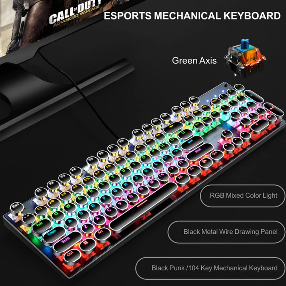Hisxus Retro Punk Mechanical Gaming Keyboard - 104 Keys with Blue Switches, 9 RGB Backlight Modes & Round Keycaps - Compatible with Windows/Mac/PC - Perfect for Typing, Gaming & Office Work