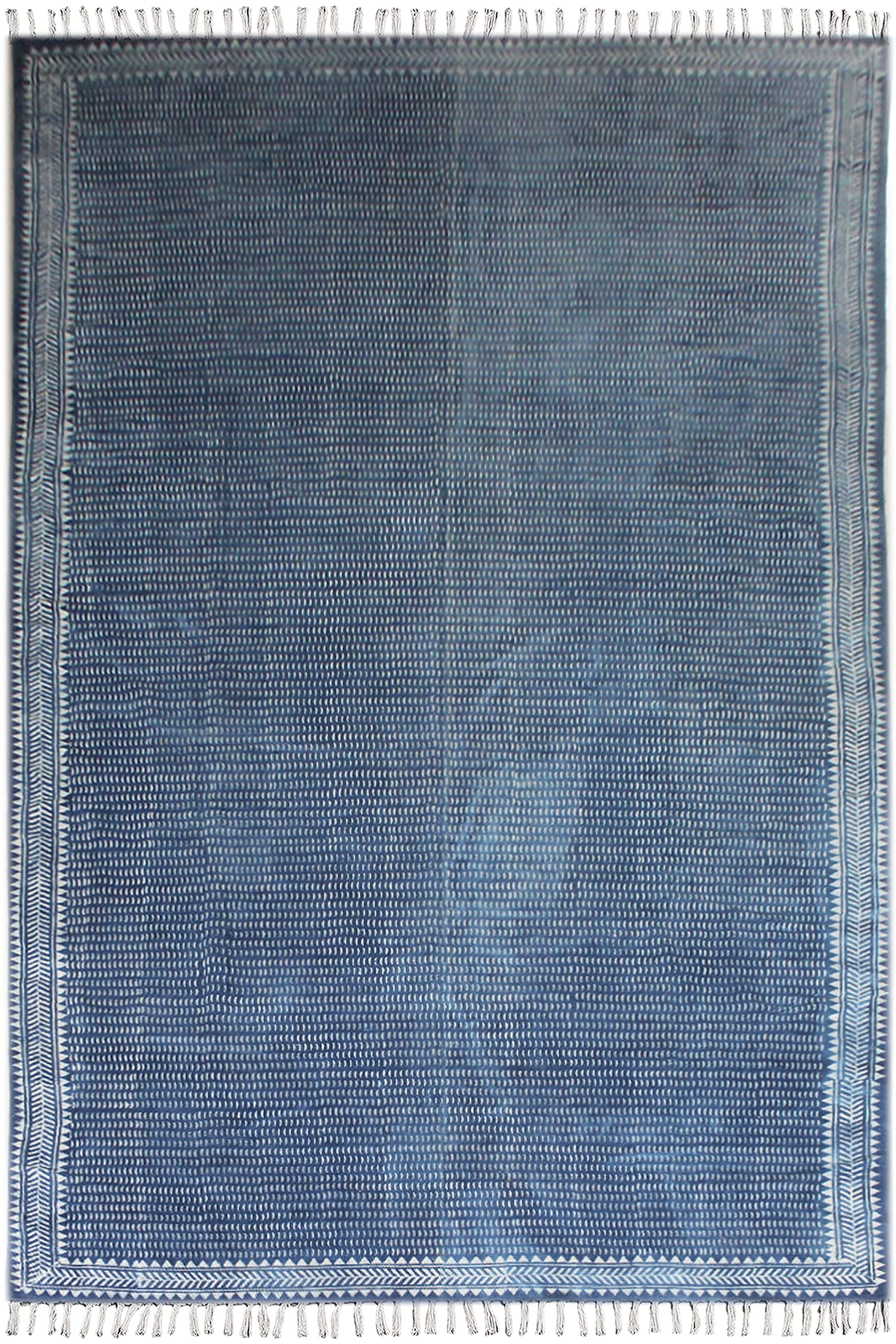 Blue Boho Rug - Washable Cotton Flat Woven Bohemian Tribal Farmhouse Rug with Tassels | 180x360cm (6x12 Feet) Runner for Kitchen, Bathroom, Bedroom & Hallway | Dabu Print Non-Slip Bath Mat for Home Decor