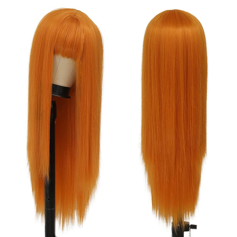 Kaneles Orange Long Straight Wigs for Women with Bangs - Heat Resistant Synthetic Fiber Cosplay Party Wig for Halloween, Costume Events & Anime Conventions