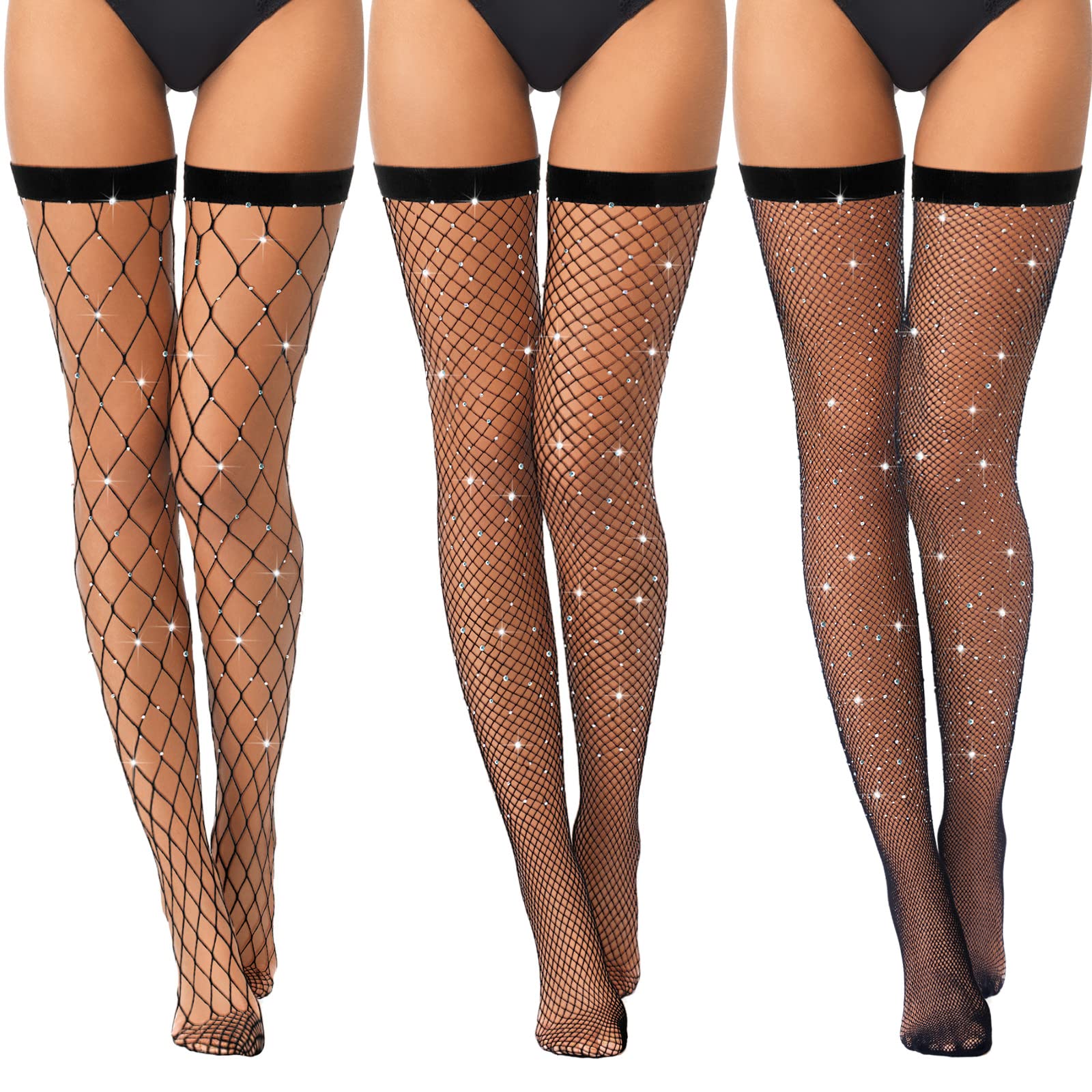 BBTO 3 Pairs Rhinestone Fishnet Thigh High Stockings for Women - Sexy Elastic Mesh Socks & Pantyhose for Party, Cosplay, Halloween & Night Out
