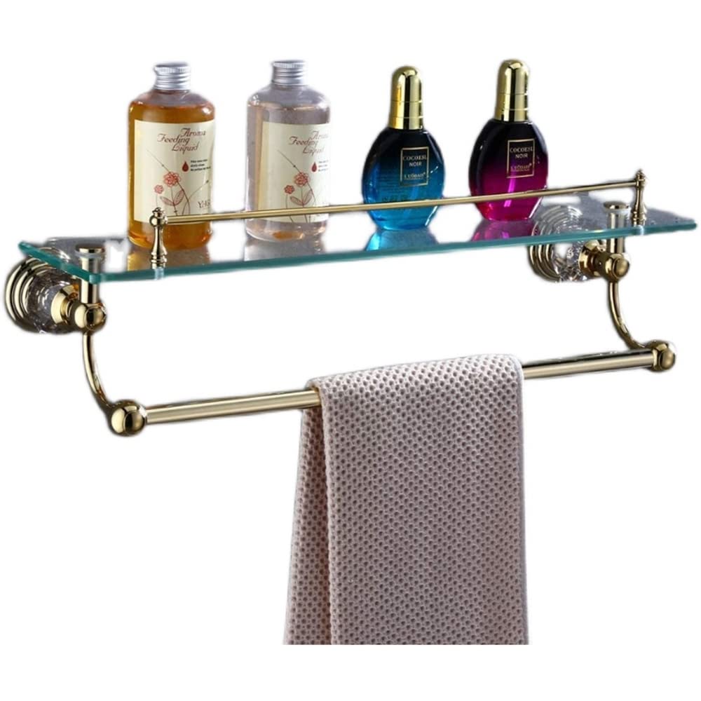 Gold Brass Glass Shelf with Towel Bar - 19.5 Inch European Crystal Bathroom Wall Shelf for Towels & Decor - Perfect for Modern Bathrooms, Powder Rooms & Spa-Style Showers