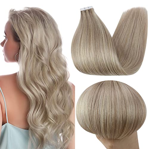 Full Shine 14Inch Real Human Hair Tape Extensions - #18/613 Ash Blonde & Bleach Blonde Highlights - 50g Remy Hair with Invisible Adhesive for Seamless Blending - Perfect for Daily Wear, Parties & Special Occasions