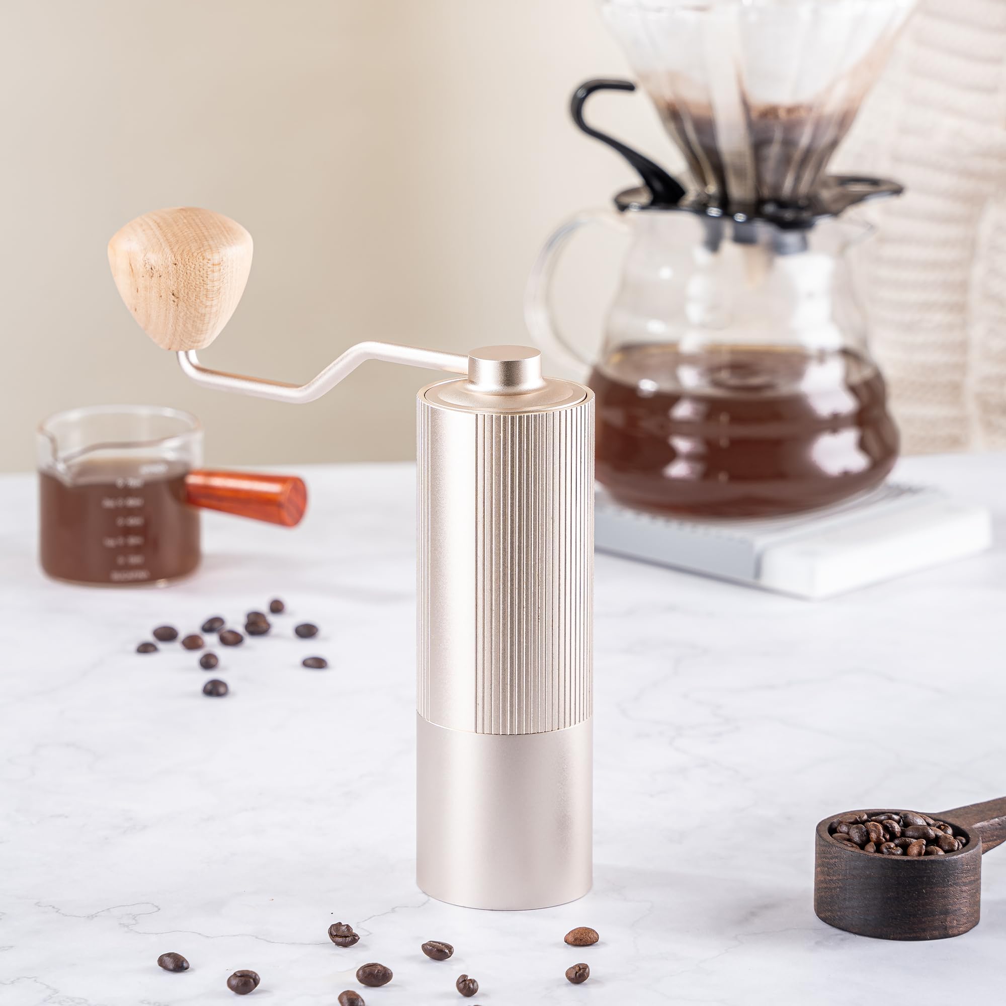 Premium Manual Coffee Grinder with 6-Star Stainless Steel Burr - Hand Crank Mill for French Press, Moka Pot & Espresso - 30g Capacity Gold Coffee Bean Grinder - Perfect for Home, Office & Camping Brewing