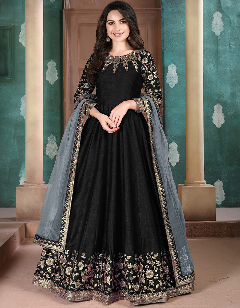 Elegant Black Silk Anarkali Dress for Women - Traditional Indian Party Wear for Weddings, Festivals & Special Occasions
