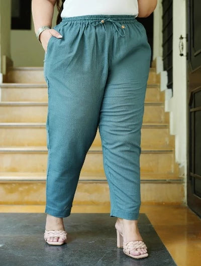 Plus Size Women's Teal Cotton Trousers - Comfortable Stretch Pants for Work, Office & Casual Wear