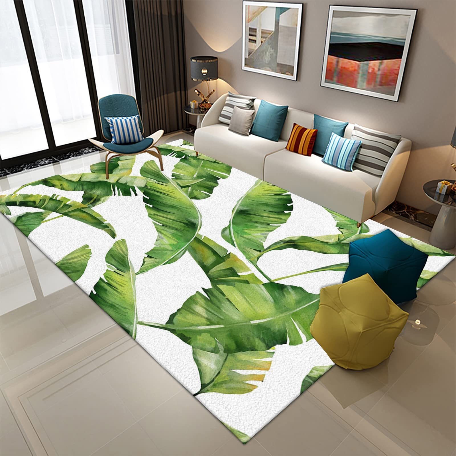 Tropical Green Plants Area Rug - Nordic Palm Leaves Design Washable Indoor Outdoor Rug - Soft Large Floor Mat for Living Room, Bedroom, Dining Room & Home Office - 3ft x 2ft - Perfect for Boho Decor, Beach House Style & Modern Interior Design