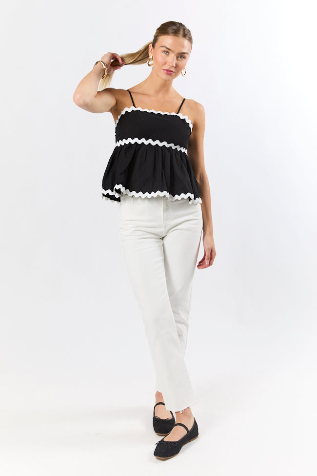 Heartfelt Moment Black and Ivory Rick Rack Trim Tank Top - Vintage Style Women's Casual Sleeveless Shirt for Summer Outfits, Beach Wear, and Boho Fashion