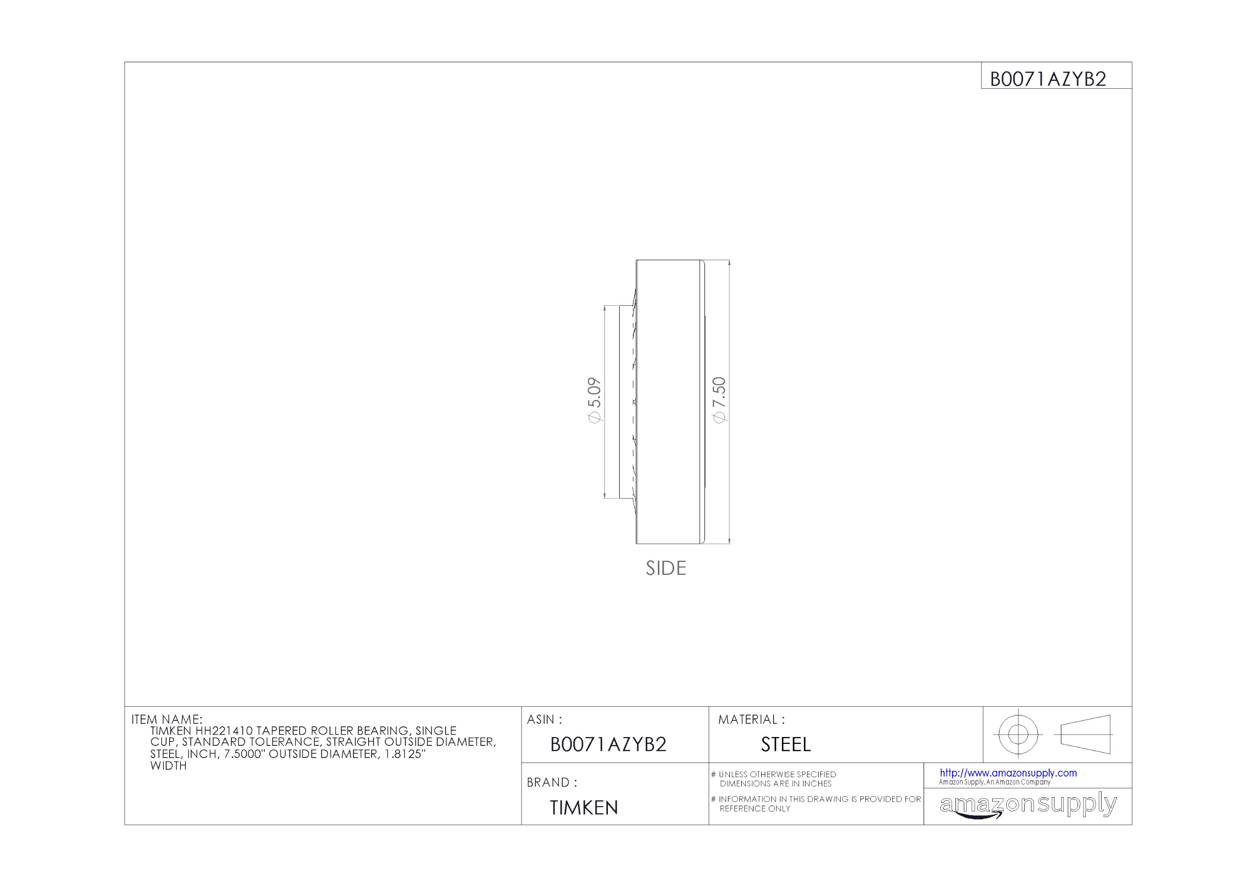 Timken HH221410 Tapered Roller Bearing - Single Cup, Standard Tolerance, Steel Construction, 7.5