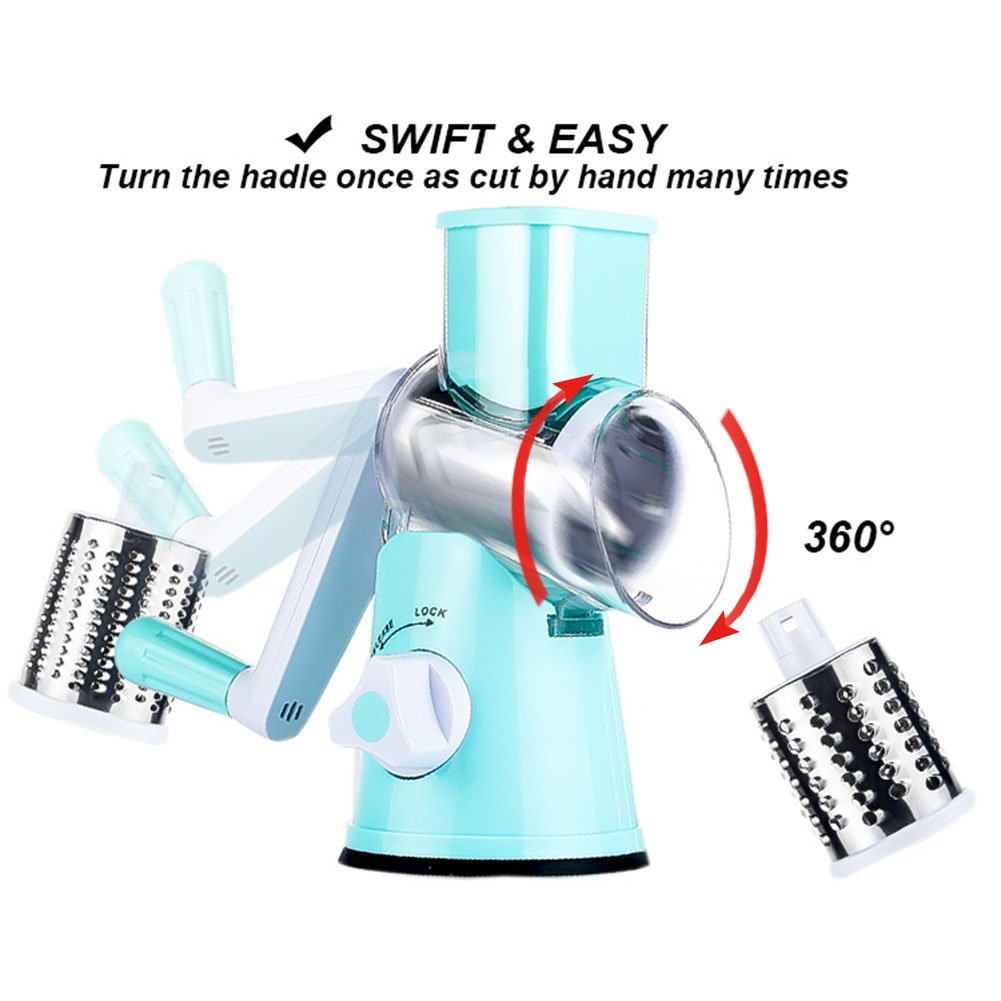 Cambom Rotary Cheese Grater - Hand Crank Cheese Shredder for Fresh Cheese, Vegetables, Nuts - Non-Slip Suction Base with Free Cleaning Brush & 3 Blades (Blue) - Perfect for Pizza, Pasta, Salads & Cooking Prep