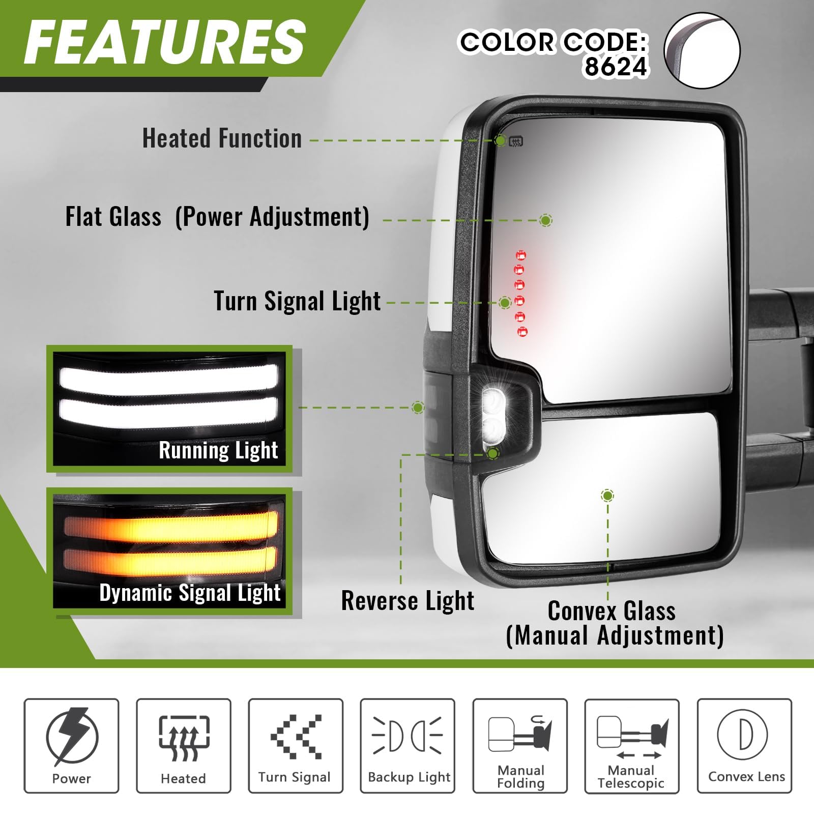 Switchback Towing Mirrors for 2003-2007 Chevy Silverado & GMC Sierra - Power Heated Extendable Side Mirrors with Dynamic Turn Signal, Running Light & Backup Lamp - Pair Set (Paint White) - Perfect for Towing, Off-Roading & Night Driving