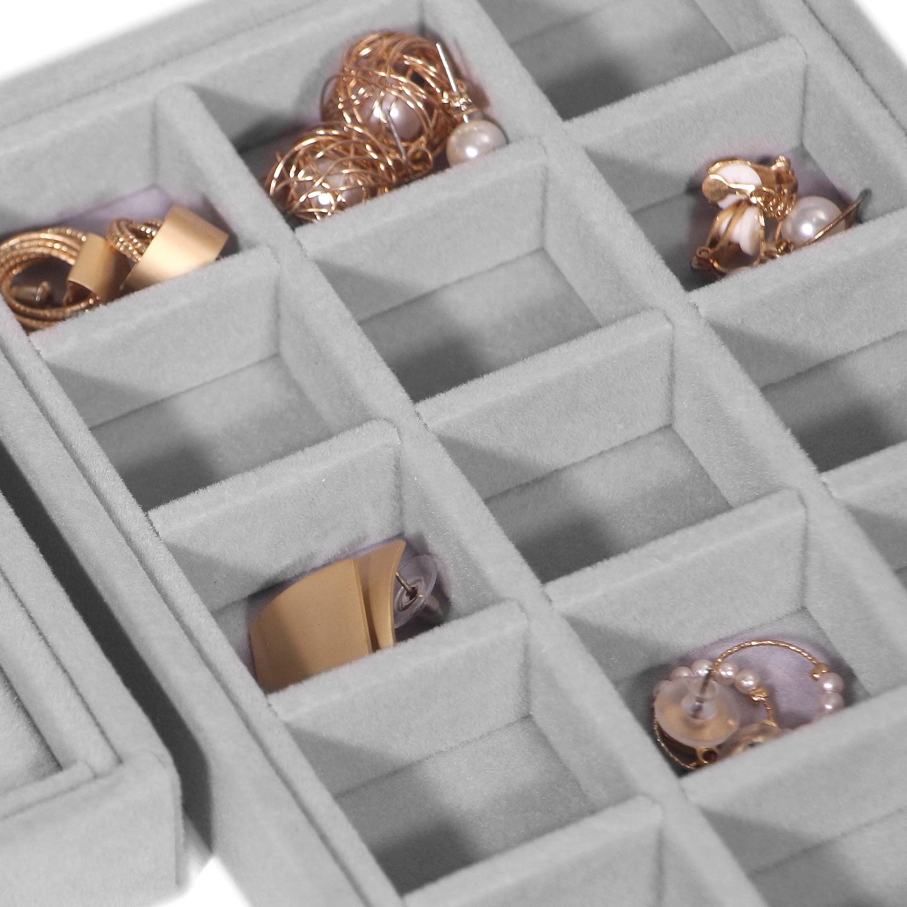 DIOMMELL 6-Piece Stackable Velvet Jewelry Organizer Tray Set - Jewelry Storage Box & Display Case for Earrings, Necklaces, Bracelets, Rings - Perfect for Dresser Drawer, Closet & Vanity Organization (Grey)