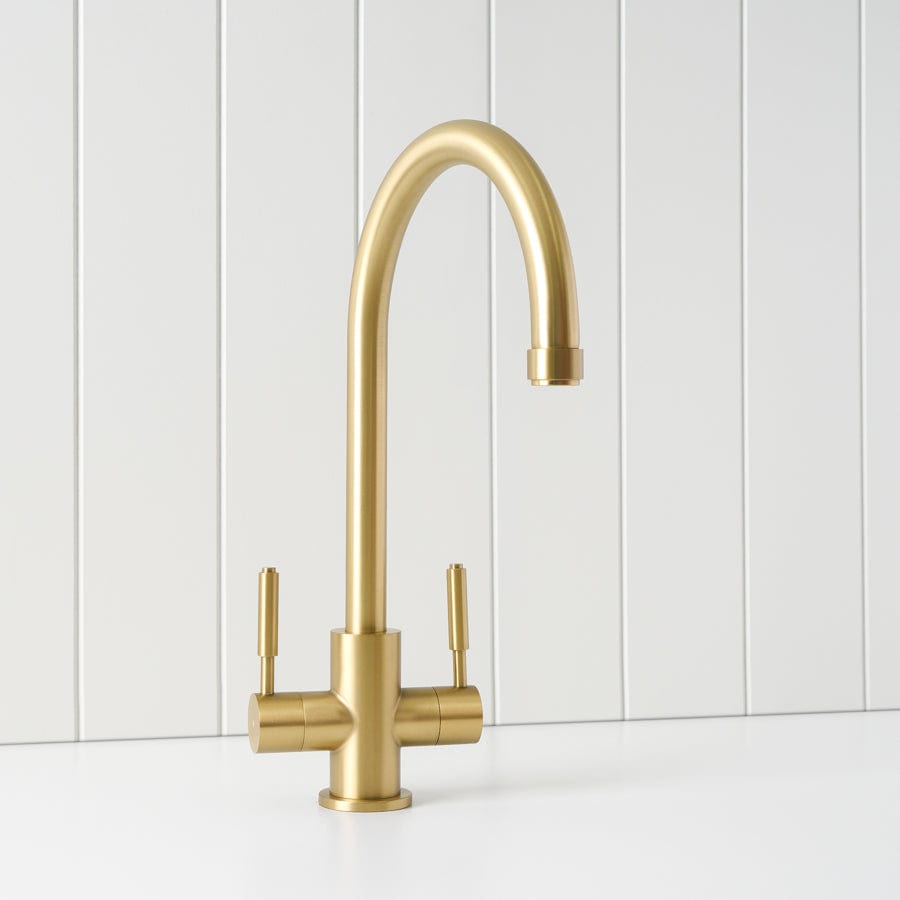 Premium Brushed Brass Melbourne Twin Tap Kitchen Mixer - Modern Two-Handle Faucet for Sink, Perfect for Home Kitchen & Bar Renovation